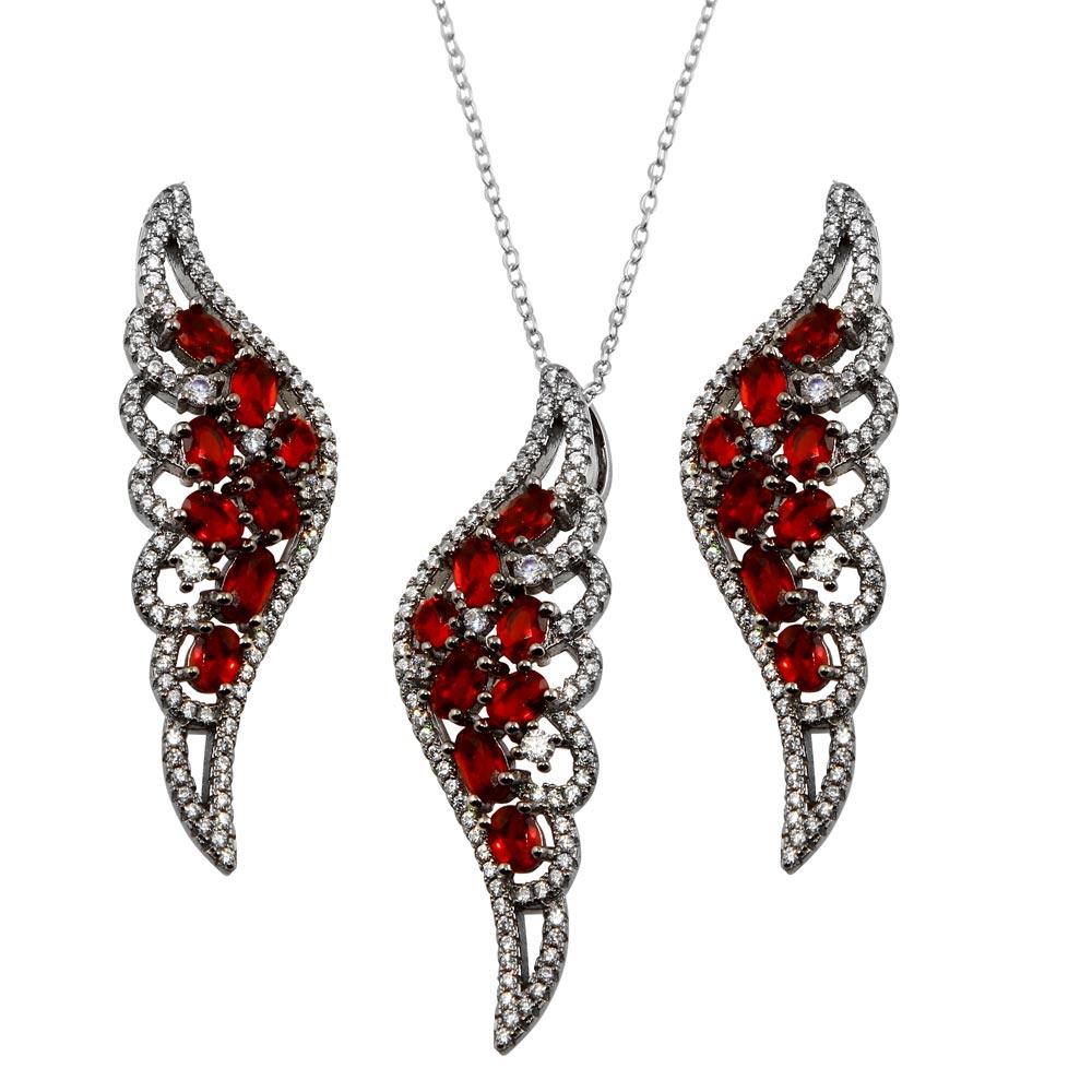 Black Rhodium Plated 925 Sterling Silver Wing Pendant and Earrings Set with Red CZ - BGS00566RED
