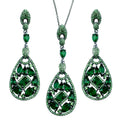 Rhodium Plated 925 Sterling Silver Dangling Teardrop Necklace and Earrings Set with Green CZ - BGS00567GRN