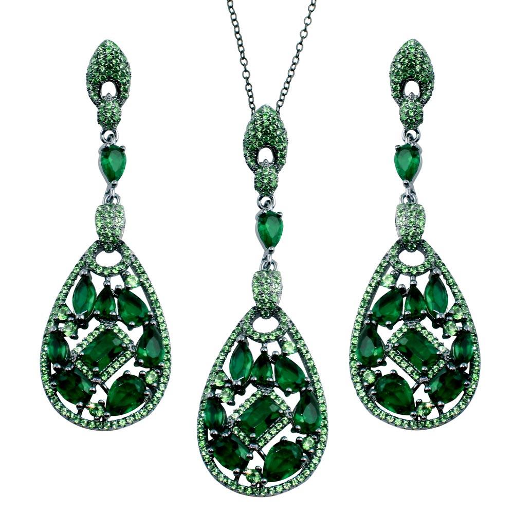 Rhodium Plated 925 Sterling Silver Dangling Teardrop Necklace and Earrings Set with Green CZ - BGS00567GRN