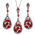 Rhodium Plated 925 Sterling Silver Dangling Teardrop Necklace and Earrings Set with Red CZ - BGS00567RED