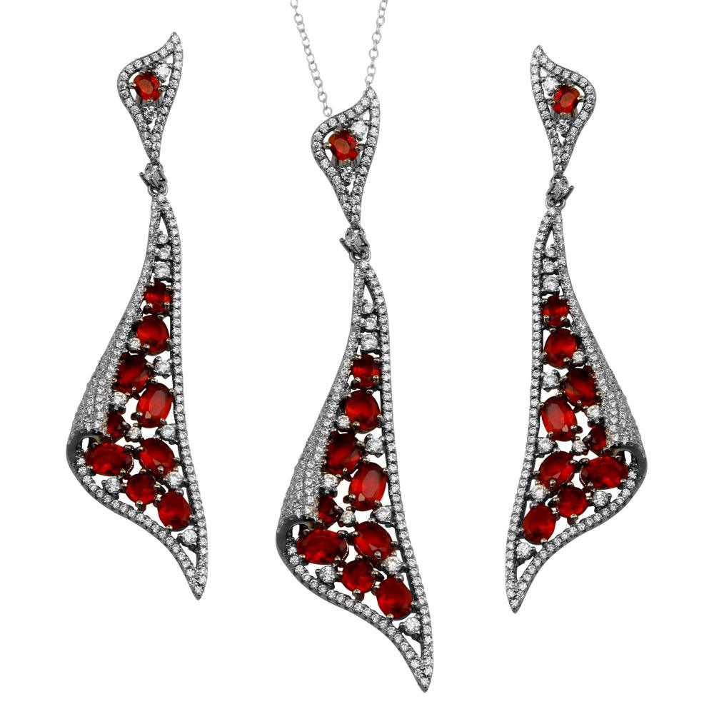 Rhodium Plated 925 Sterling Silver Dangling Earrings and Necklace Set with Red CZ - BGS00569RED