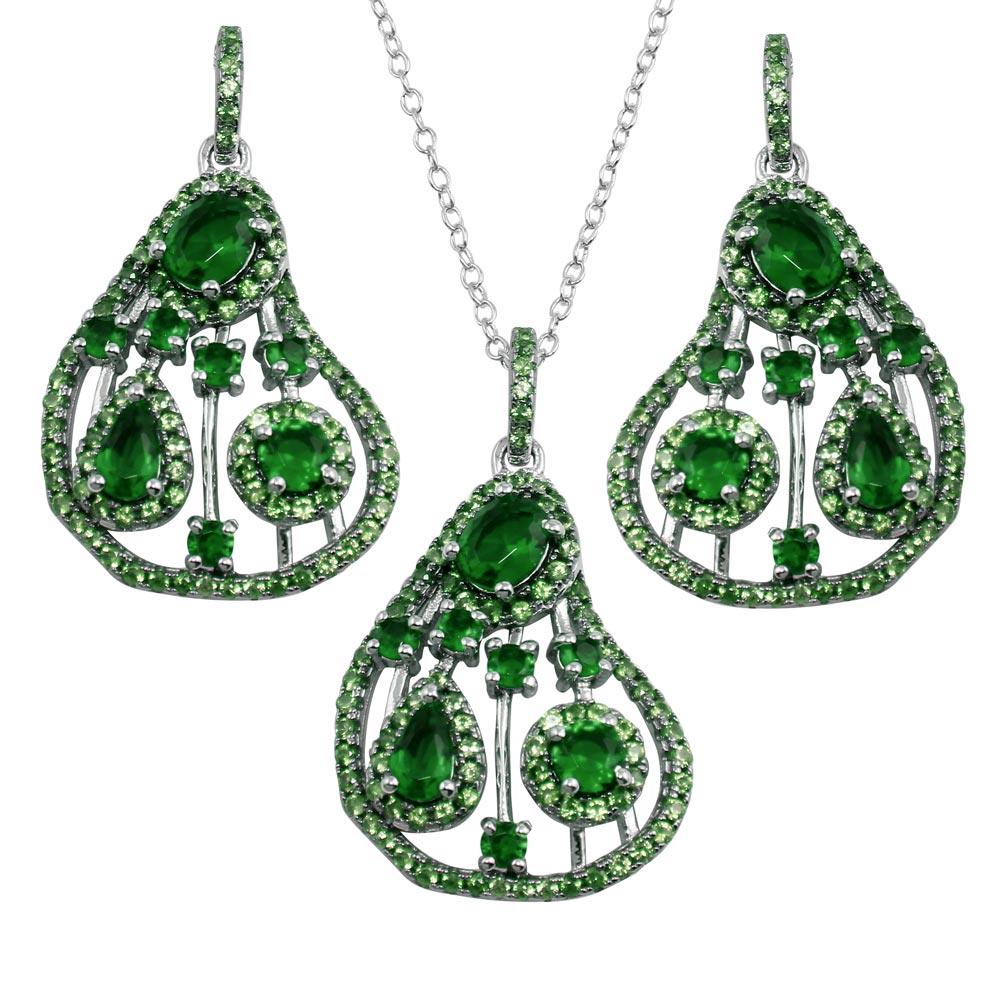 Rhodium Plated 925 Sterling Silver Dangling Pear-Shaped Necklace and Earrings Set with Green CZ - BGS00570GRN