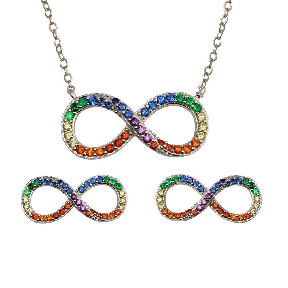 Rhodium Plated 925 Sterling Silver Infinity Pendant Necklace and Stud Earrings Set with Rainbow CZ - BGS00577