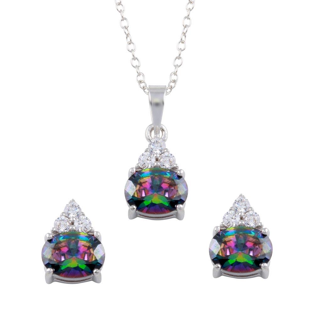 Rhodium Plated 925 Sterling Silver Teardrop Synthetic Mystic Topaz CZ Set - BGS00578