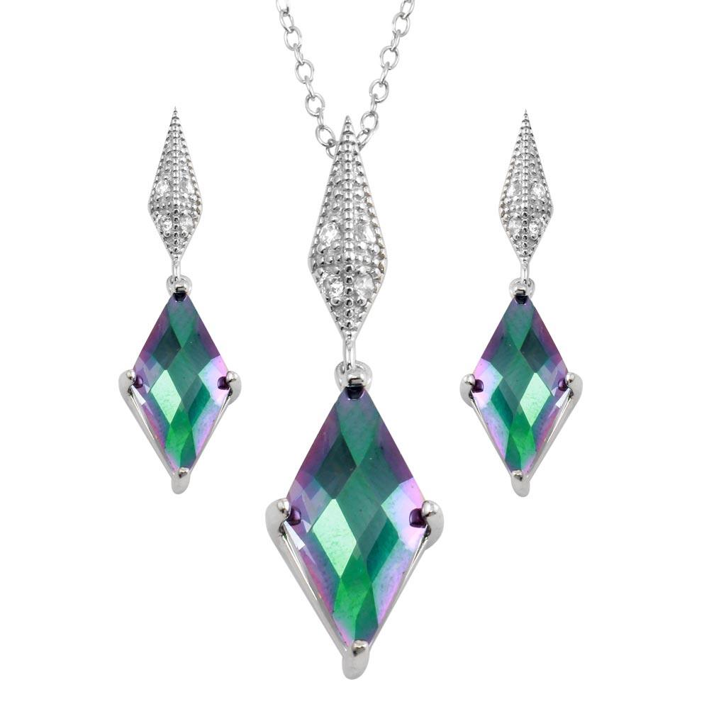 Rhodium Plated 925 Sterling Silver Diamond Shape Synthetic Mystic Topaz CZ Set - BGS00579