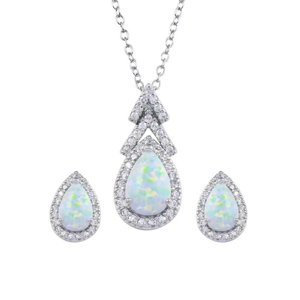 Rhodium Plated 925 Sterling Silver Synthetic Opal Teardrop CZ Set - BGS00584