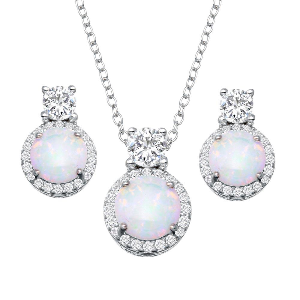 Rhodium Plated 925 Sterling Silver Round Synthetic Opal Halo Set with CZ - BGS00596