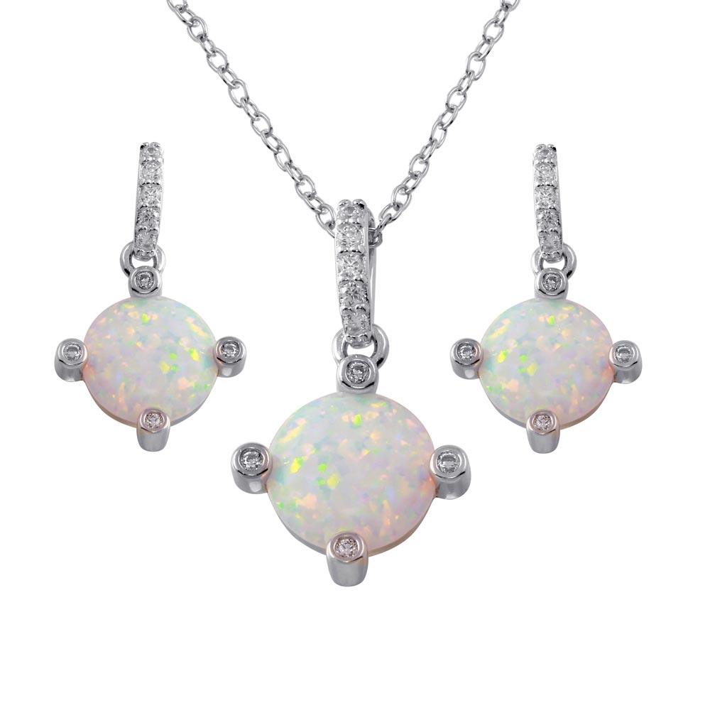 Rhodium Plated 925 Sterling Silver Round Synthetic Opal 4 Corner CZ Set - BGS00597