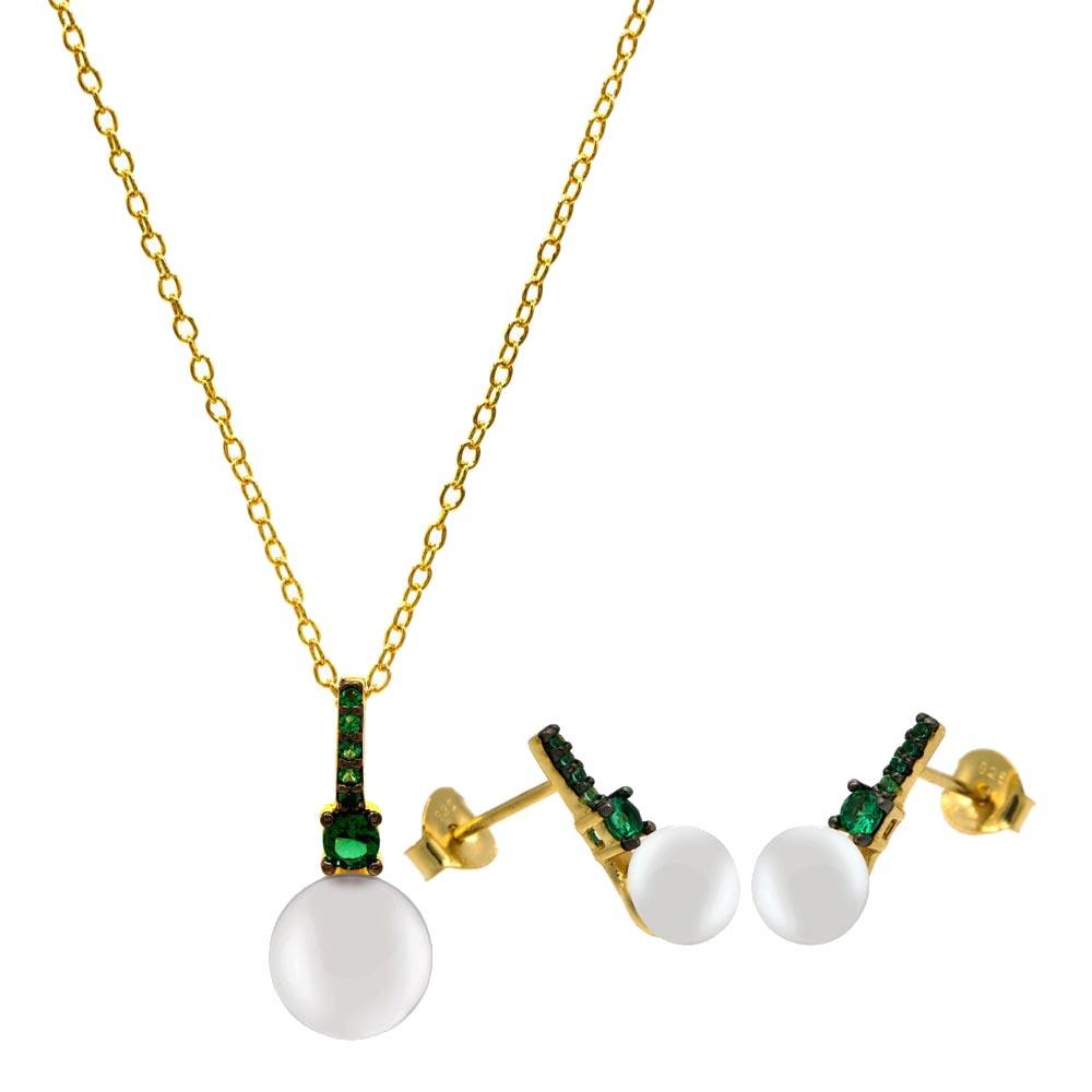 Gold Plated 925 Sterling Silver Fresh Water Pearl Set with Green CZ - BGS00603