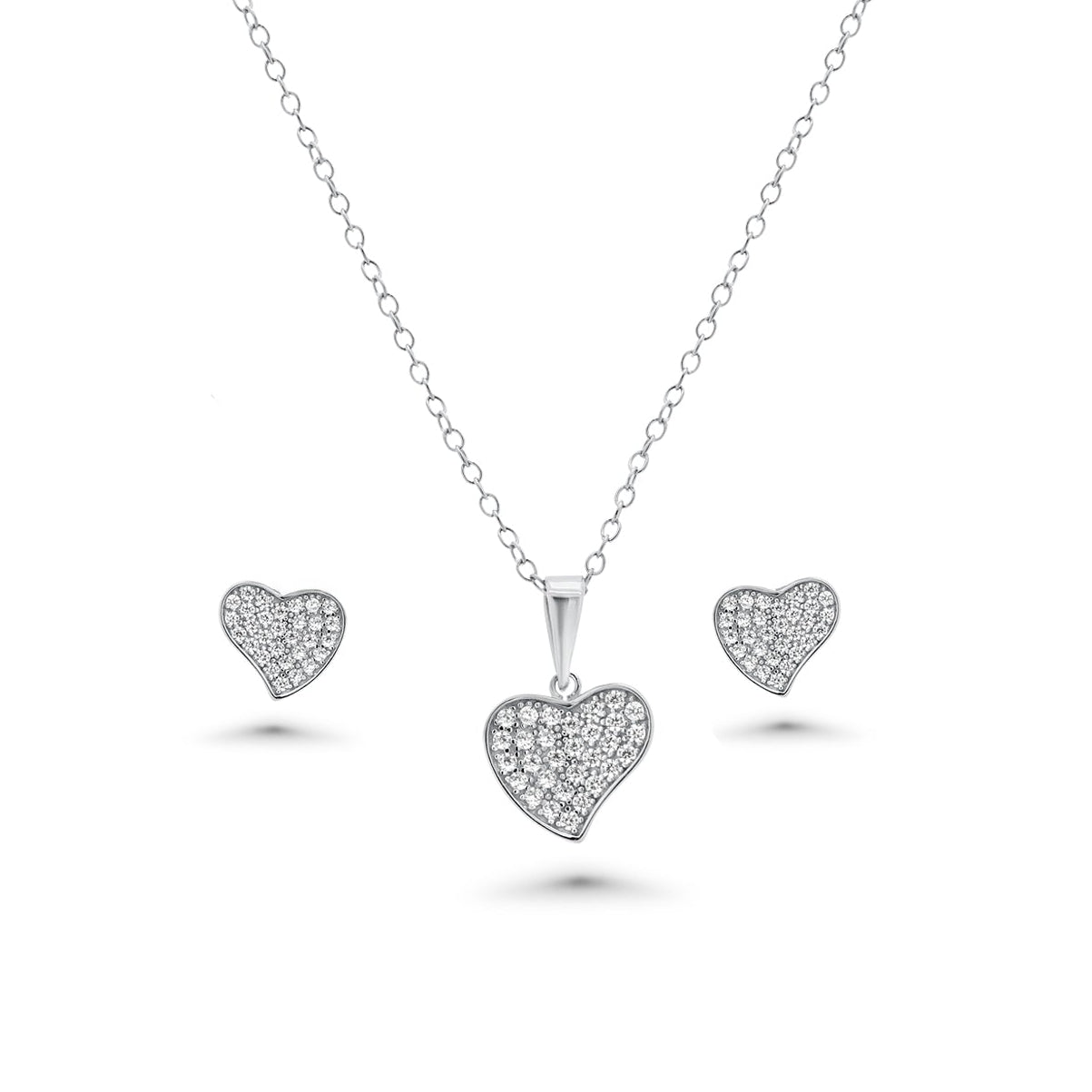 Rhodium Plated 925 Sterling Silver Curved Heart Necklace and Earring Set with Clear CZ Stones- BGS00611