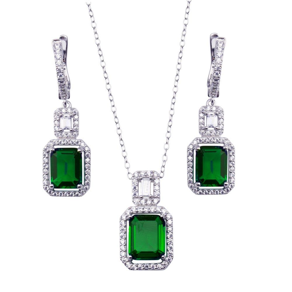 Rhodium Plated 925 Sterling Silver Square Emerald Center CZ Stone Set - BGS00612
