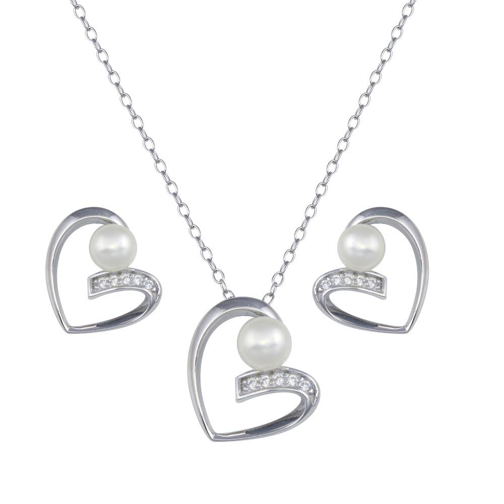 Rhodium Plated 925 Sterling Silver Open Heart Pearl Earring and Pendant Set - BGS00614