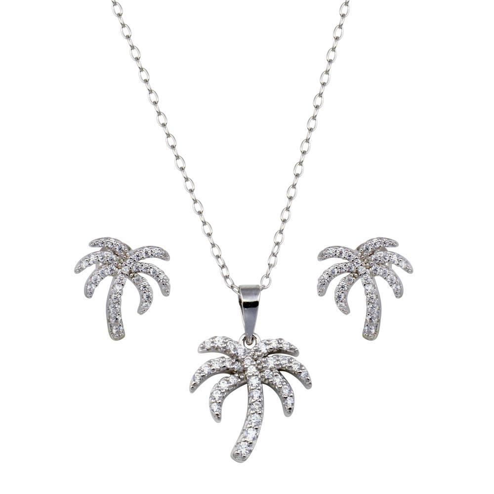 Rhodium Plated 925 Sterling Silver Palm Tree CZ Earring and Pendant Set - BGS00615