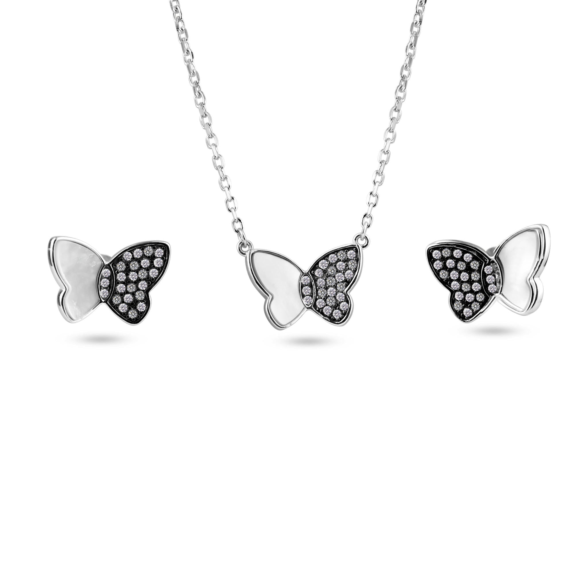 925 Sterling Silver Rhodium Butterfly Clear CZ and Mother of Pearl Earring and Pendant Set - BGS00623