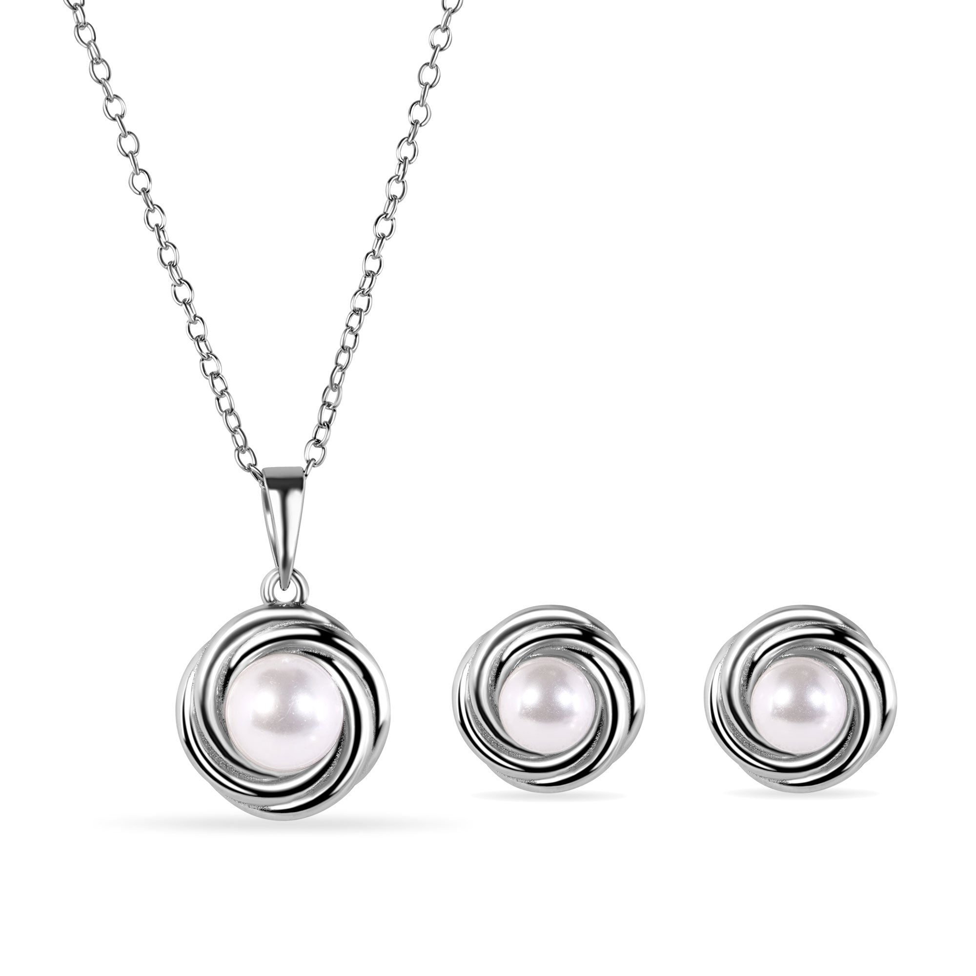 Rhodium Plated 925 Sterling Silver Round Swirl Design Syntethic Mother of Pearl Necklace and Stud Earring Matching Set - BGS00628