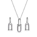 Rhodium Plated 925 Sterling Silver Round Bow Paperclip Clear CZ Necklace and Hoop Earring Matching Set - BGS00629
