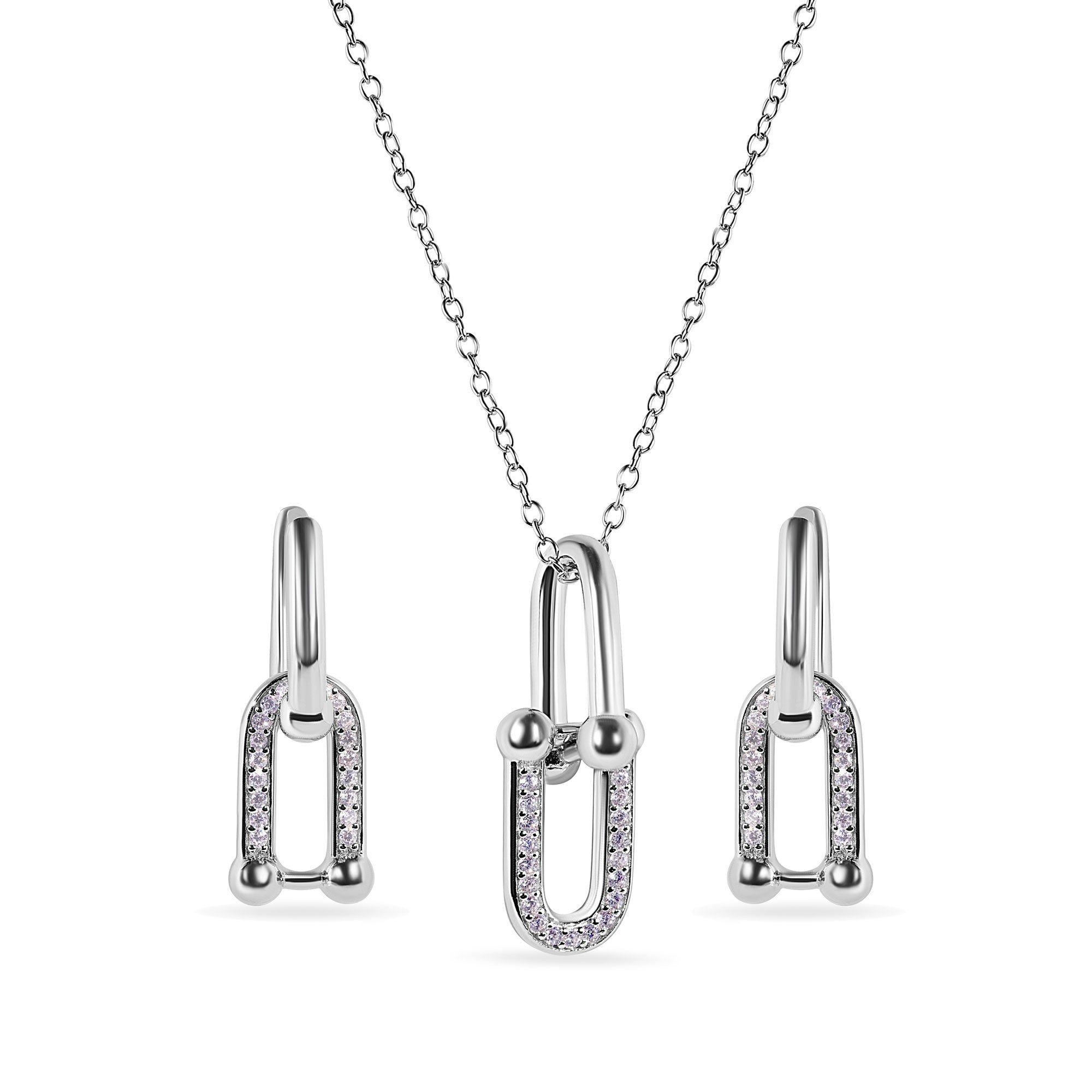 Rhodium Plated 925 Sterling Silver Round Bow Paperclip Clear CZ Necklace and Hoop Earring Matching Set - BGS00629
