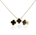 Gold Plated 925 Sterling Silver Beaded Four Leaf Clover Black CZ Adjustable Necklace and Stud Push Back Earring Matching Set - BGS00630BLK-GP