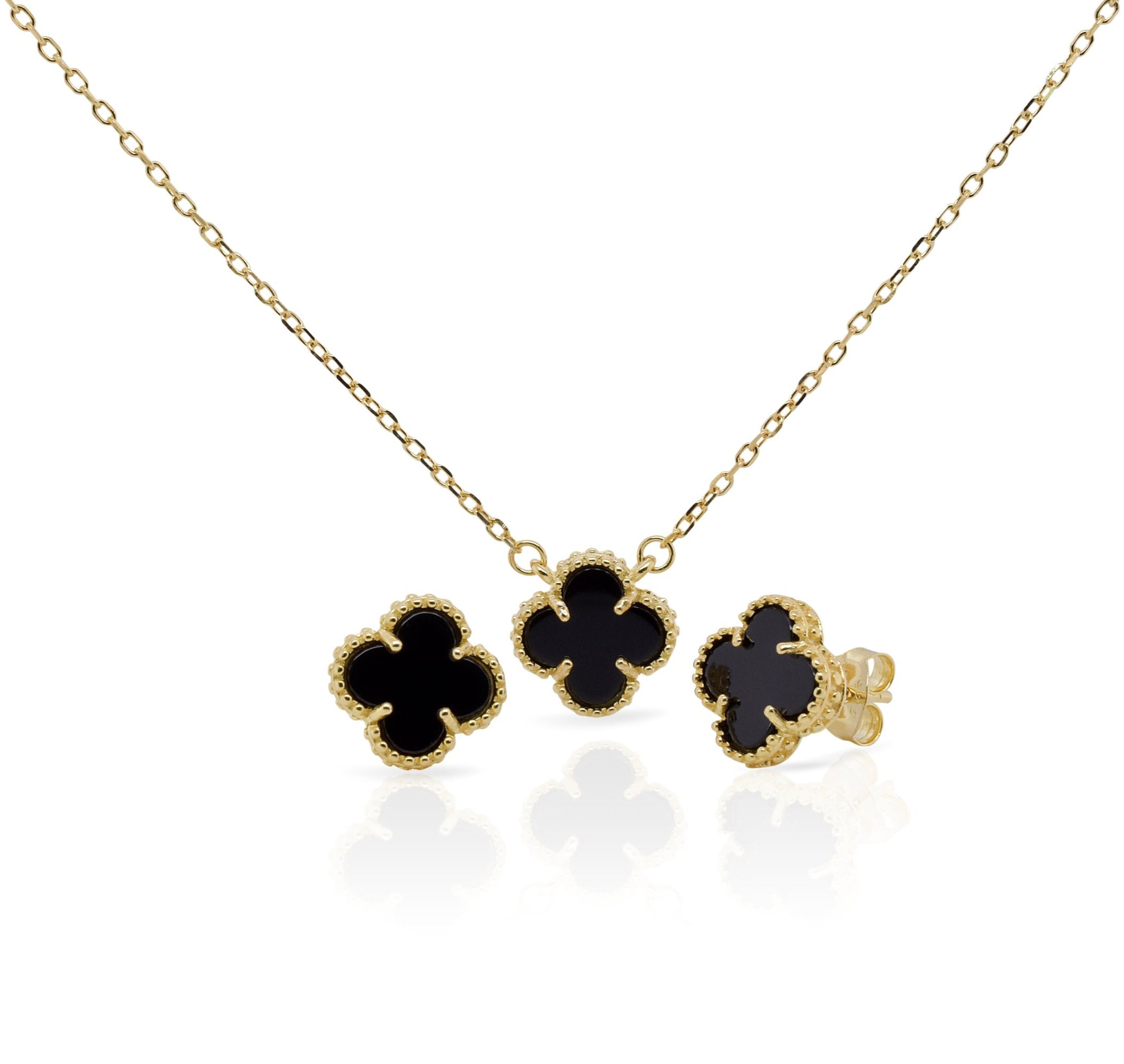 Gold Plated 925 Sterling Silver Beaded Four Leaf Clover Black CZ Adjustable Necklace and Stud Push Back Earring Matching Set - BGS00630BLK-GP