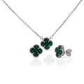 Rhodium Plated 925 Sterling Silver Beaded Four Leaf Clover Green and Black Stripe CZ Adjustable Necklace and Stud Push Back Earring Matching Set - BGS00630GRN-RHD