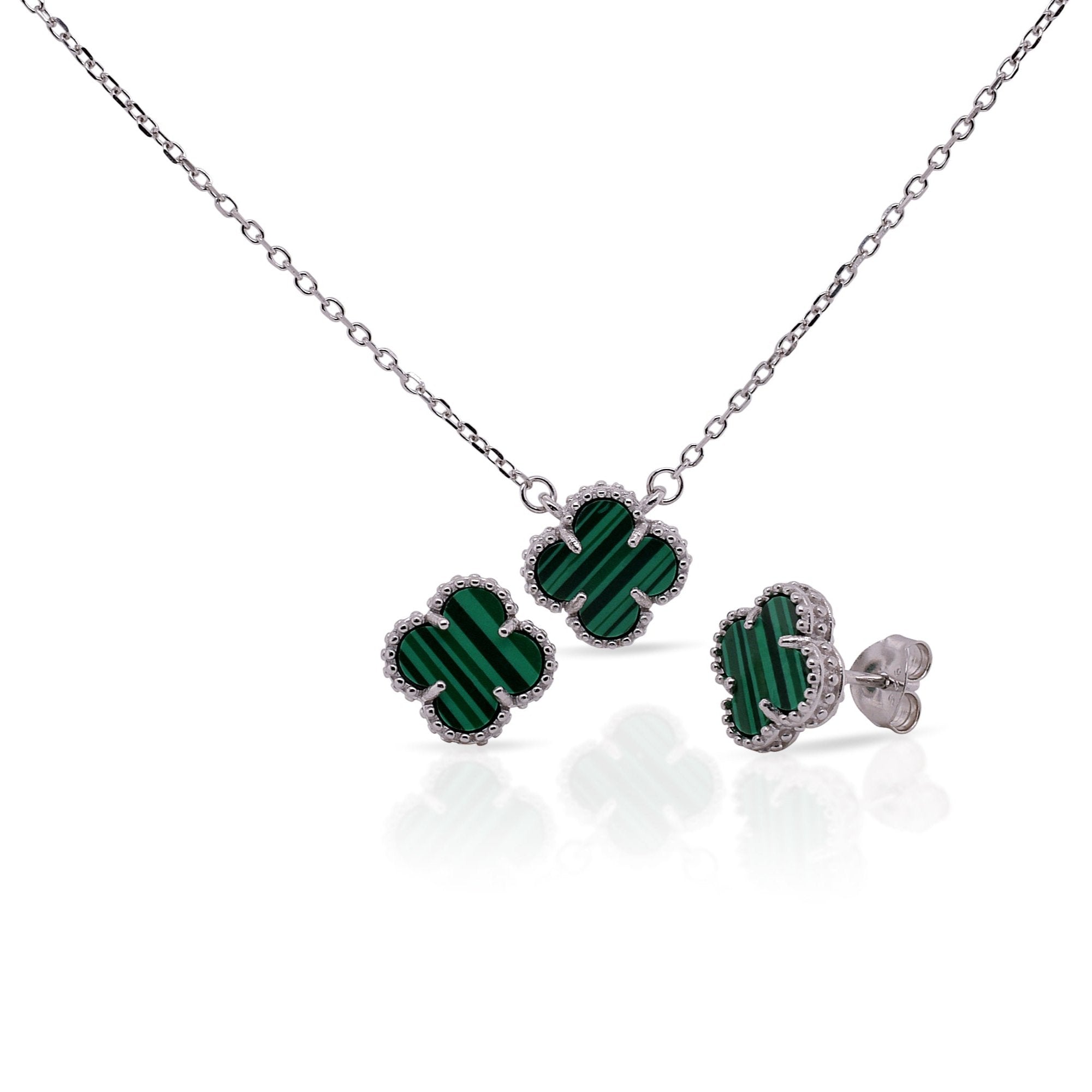 Rhodium Plated 925 Sterling Silver Beaded Four Leaf Clover Green and Black Stripe CZ Adjustable Necklace and Stud Push Back Earring Matching Set - BGS00630GRN-RHD