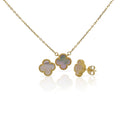 Gold Plated 925 Sterling Silver Beaded Four Leaf Clover Synthetic Pearl CZ Adjustable Necklace and Stud Push Back Earring Matching Set - BGS00630WHT-GP