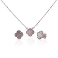 Rhodium Plated 925 Sterling Silver Beaded Four Leaf Clover Synthetic Pearl CZ Adjustable Necklace and Stud Push Back Earring Matching Set - BGS00630WHT-RHD