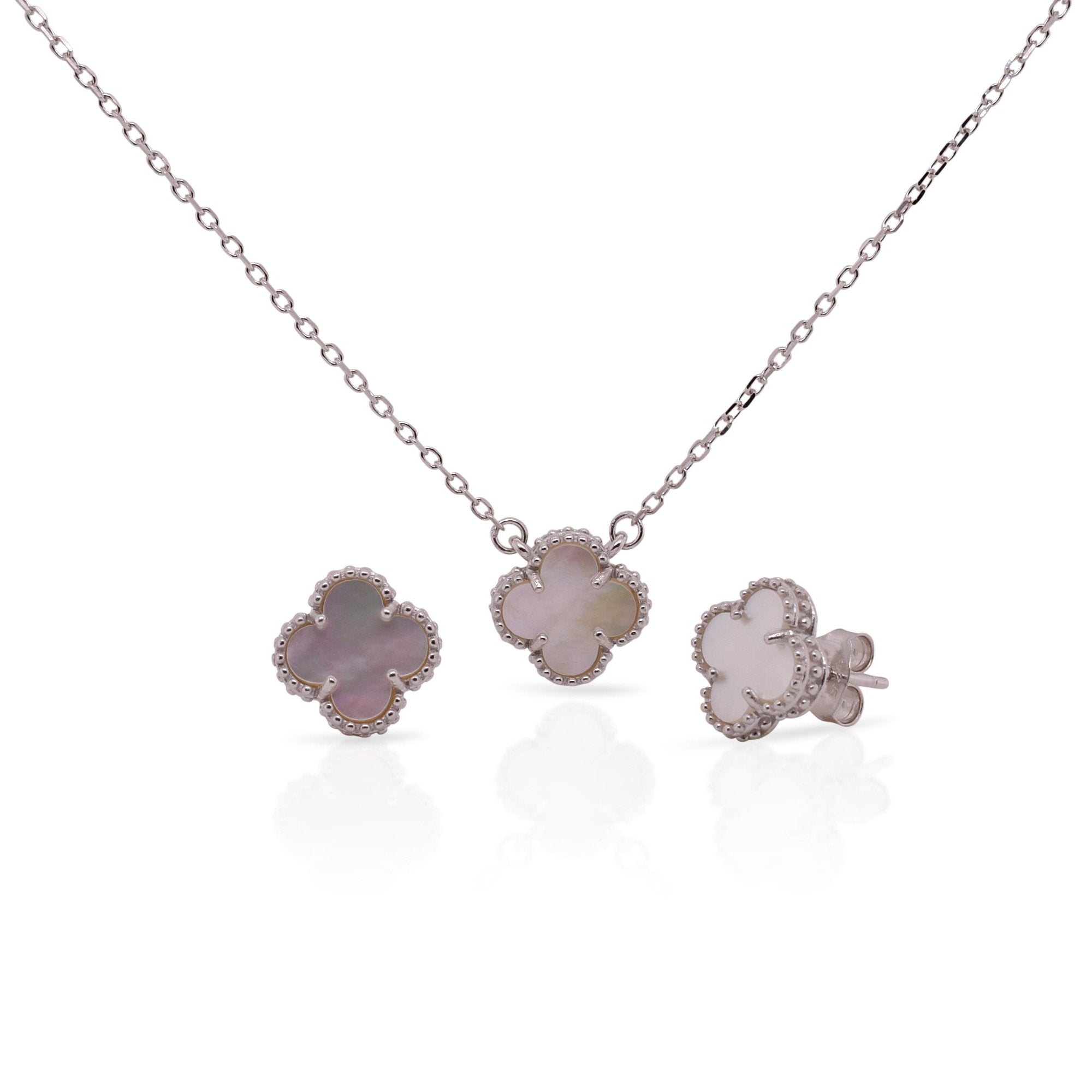 Rhodium Plated 925 Sterling Silver Beaded Four Leaf Clover Synthetic Pearl CZ Adjustable Necklace and Stud Push Back Earring Matching Set - BGS00630WHT-RHD