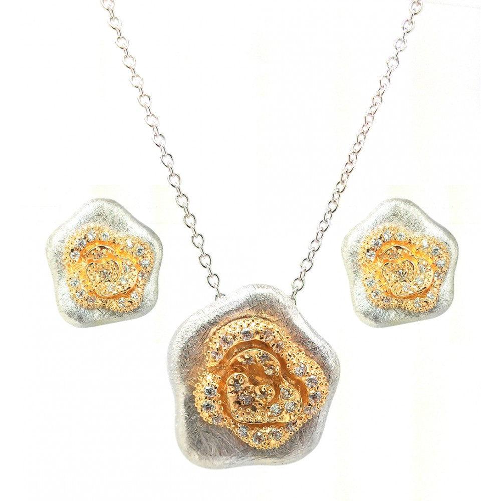 Silver 925 Rhodium and Gold Plated Flower Clear CZ Stud Earring and Necklace Set - BGS00114