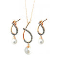 Silver 925 Black Rhodium and Gold Plated Open Overlap Teardrop Oval Pearl CZ Hanging Stud Earring and Hanging Necklace Set - BGS00304