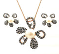 Silver 925 Black Rhodium and Gold Plated Pearl Clear Flower CZ Stud Earring and Necklace Set - BGS00317