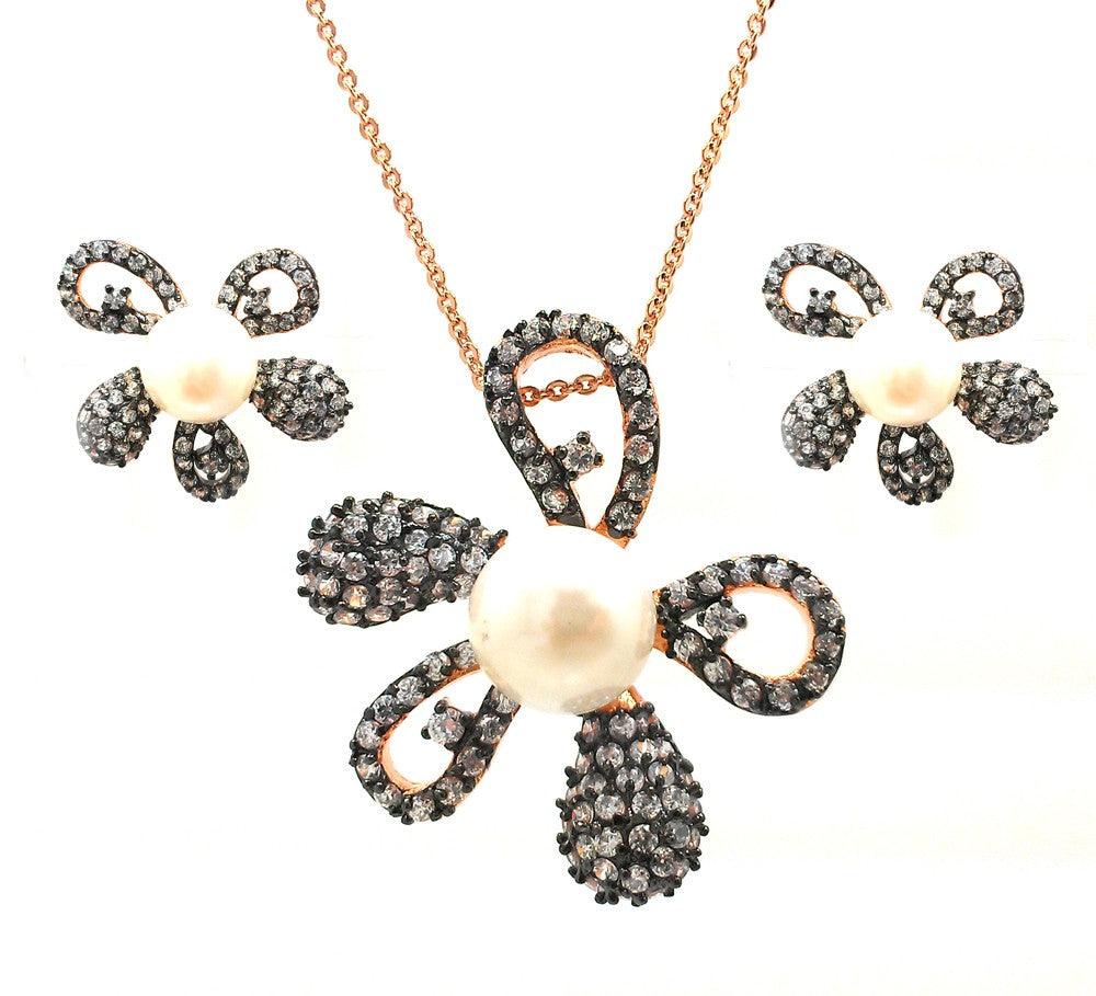 Silver 925 Black Rhodium and Gold Plated Pearl Clear Flower CZ Stud Earring and Necklace Set - BGS00317