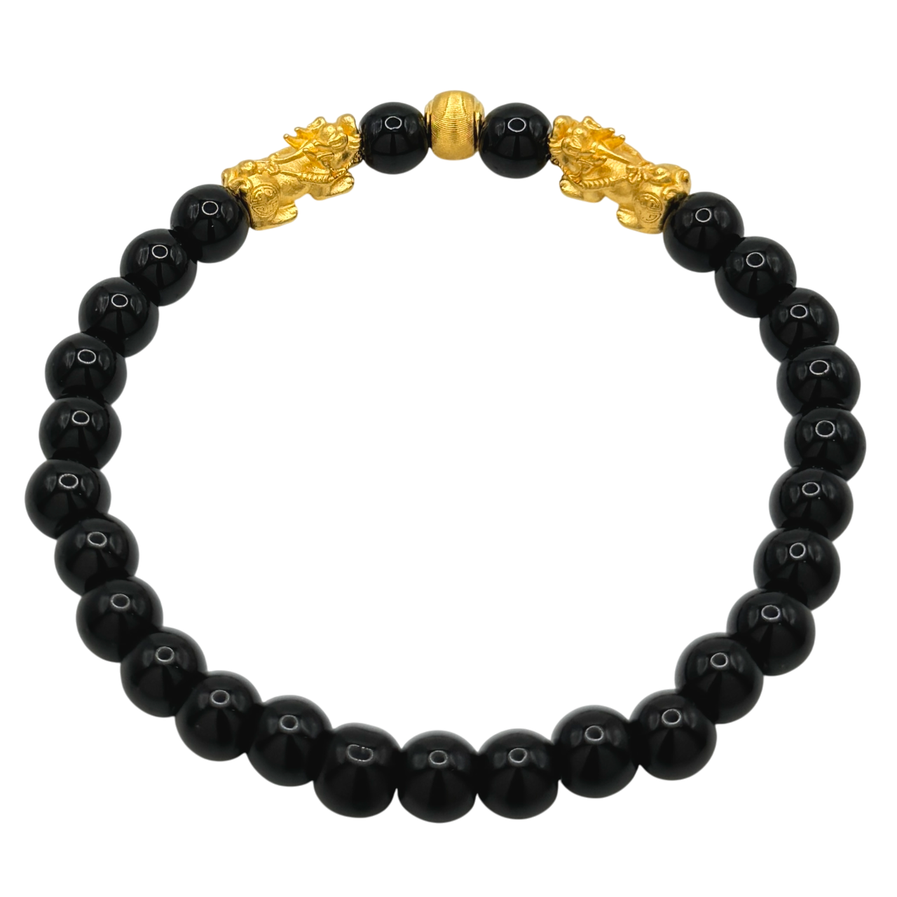 24K Yellow Gold Double Pi Xiu Black Obsidian Bracelet