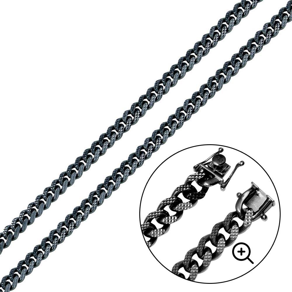925 Sterling Silver Miami Curb Platinlux Plated One Sided Pyramid Pave 200 Box Lock 7mm - CH956A BLK