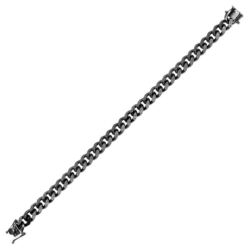925 Sterling Silver Miami Curb Platinlux Plated One Sided Pyramid Pave 200 8.3mm - CH957B BLK