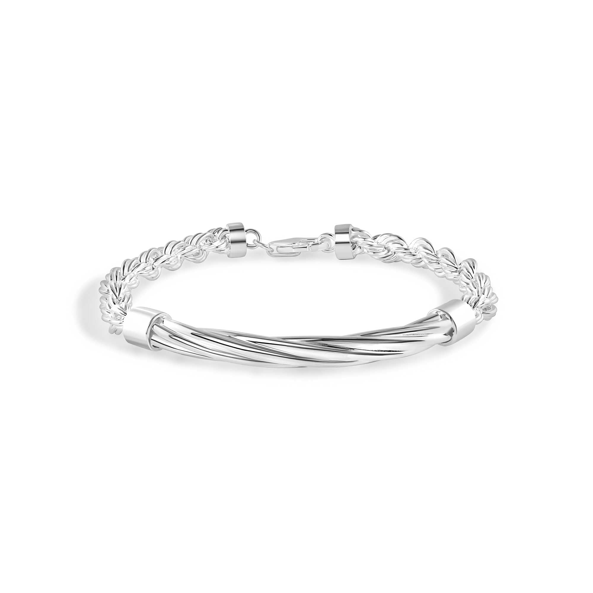 925 Sterling Silver Hollow Rope Twisted Round Bar 5.3mm Bracelet - CHHB015