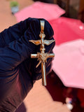 Solid gold Cross of the Apostolate pendant with flaming Sacred Heart at the crossing and descending dove above