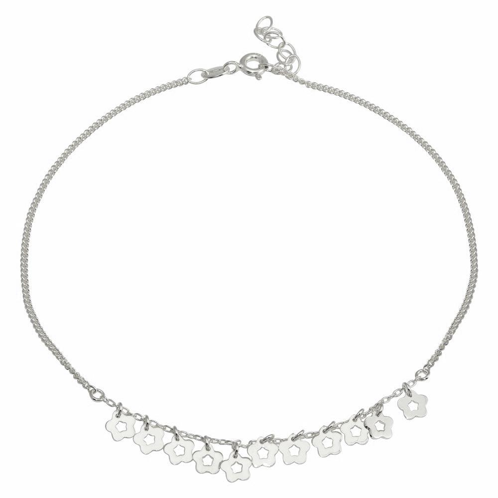 Rhodium Plated 925 Sterling Silver Dangling Flower Anklets - DIA00003RH