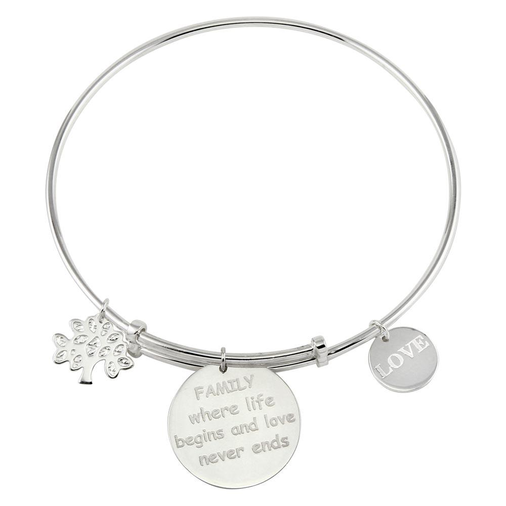 Rhodium Plated 925 Sterling Silver Family Charms Adjustable Bangle - DIB00005SF