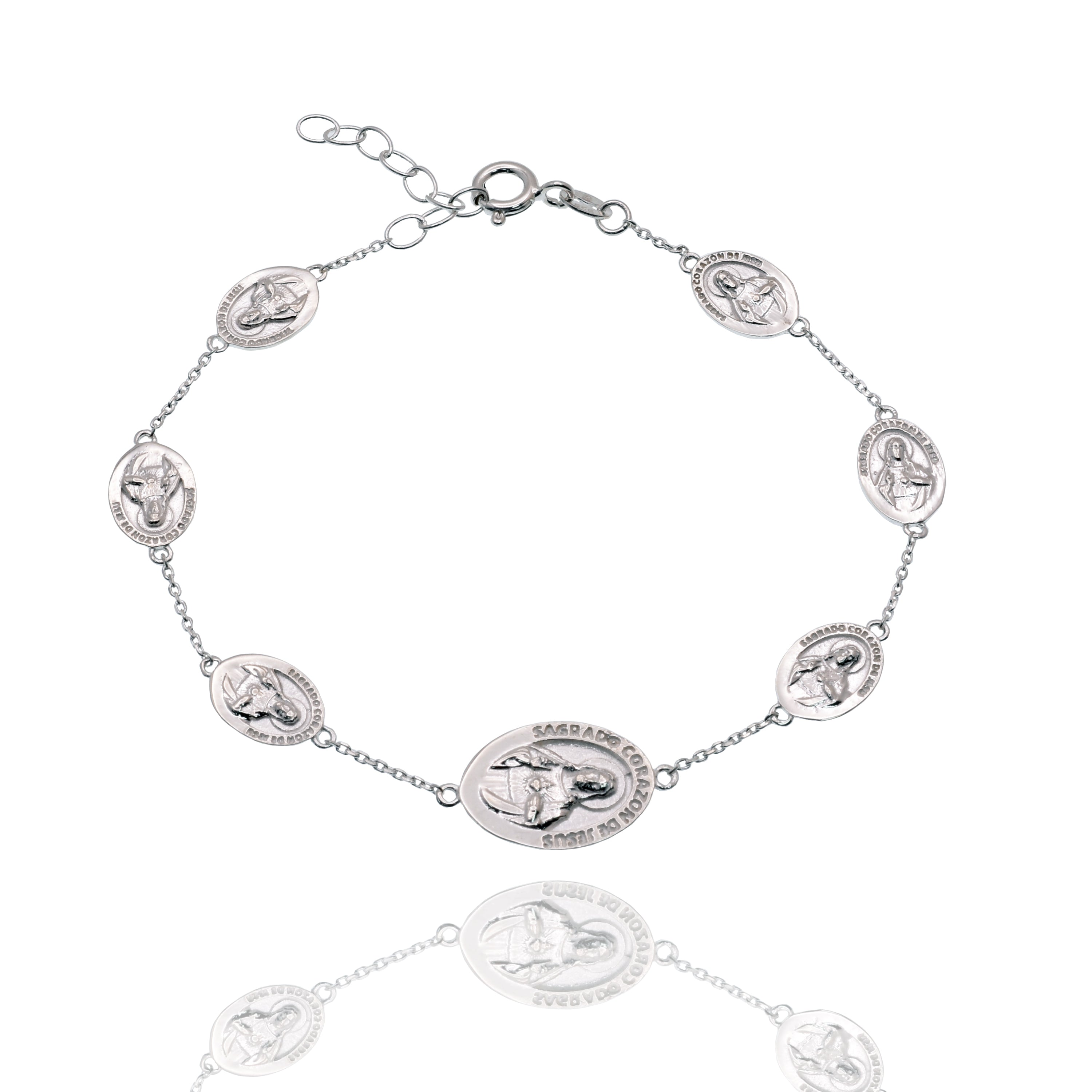 High Polished 925 Sterling Silver Sacred Heart Jesus Medal Adjustable Bracelet - DIB00083