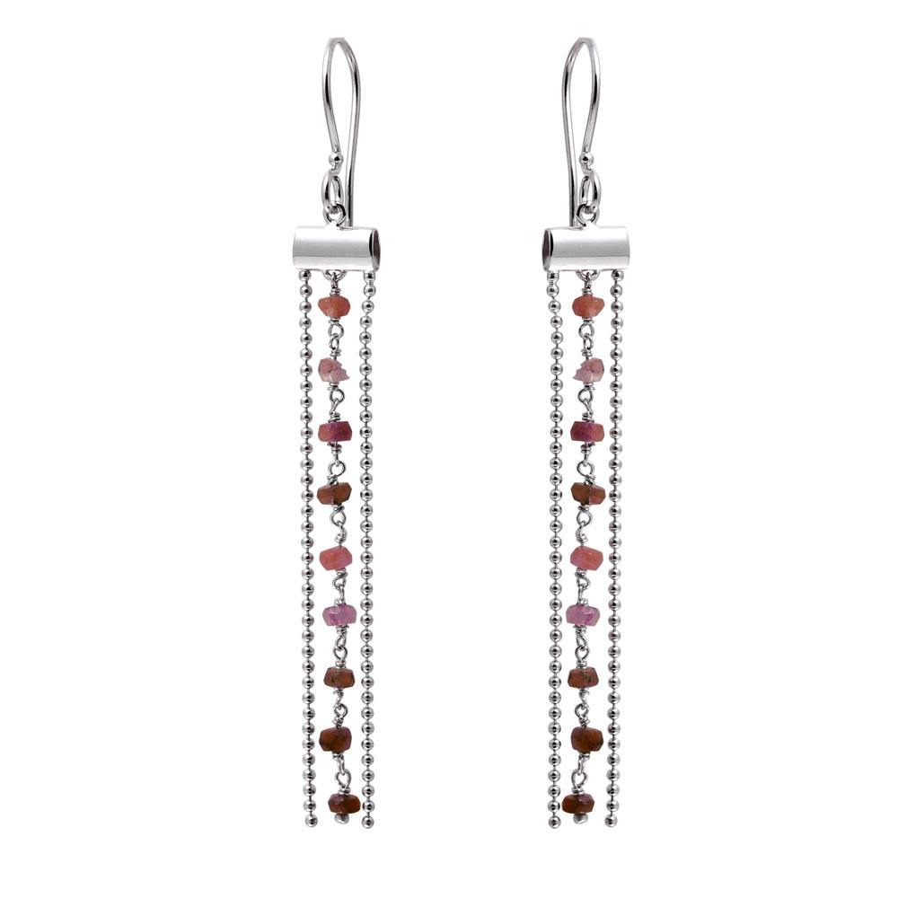 Rhodium Plated 925 Sterling Silver Dangling Tassel Earrings with Purple Beads - DIE00005RH-AM
