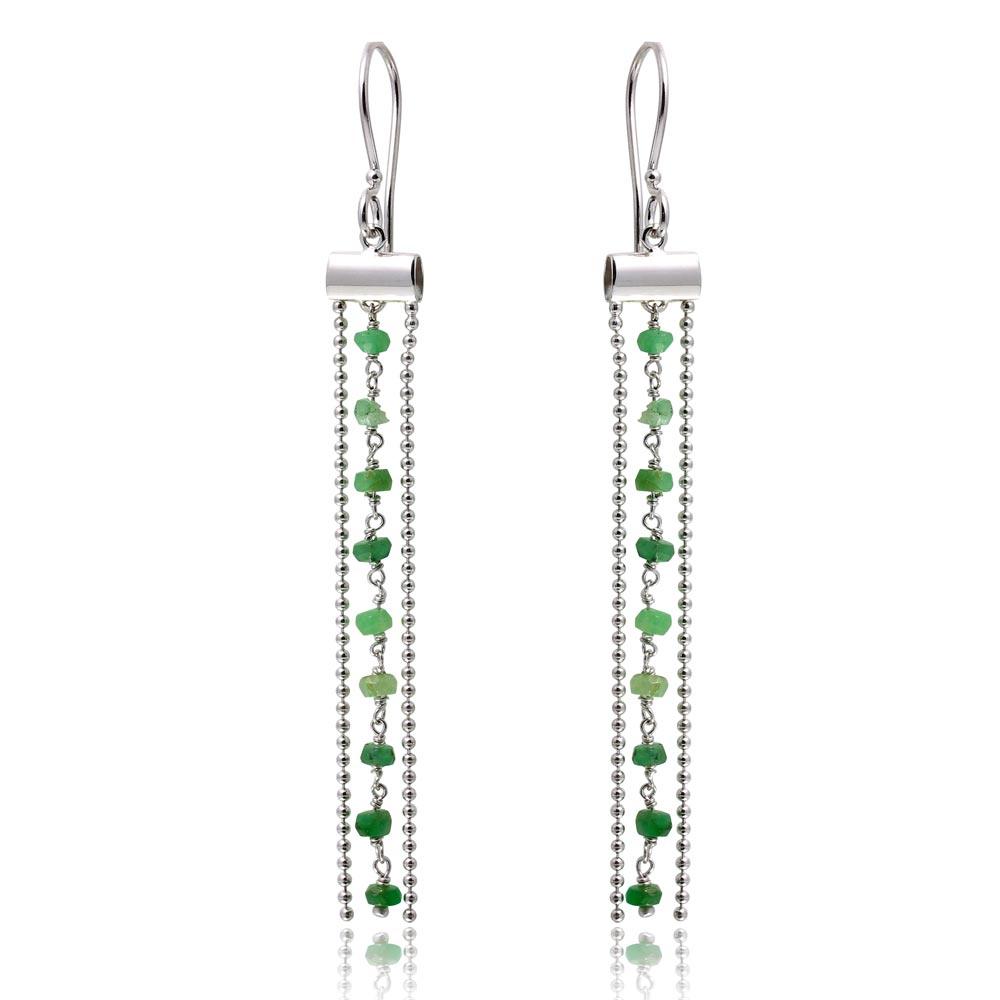 Rhodium Plated 925 Sterling Silver Dangling Tassel Earrings with Green Beads - DIE00005RH-EM