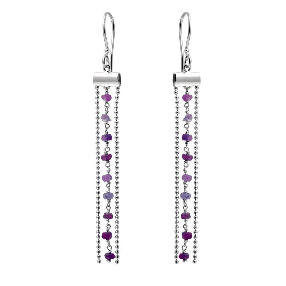 Rhodium Plated 925 Sterling Silver Dangling Tassel Earrings with Dark Red Beads - DIE00005RH-GR