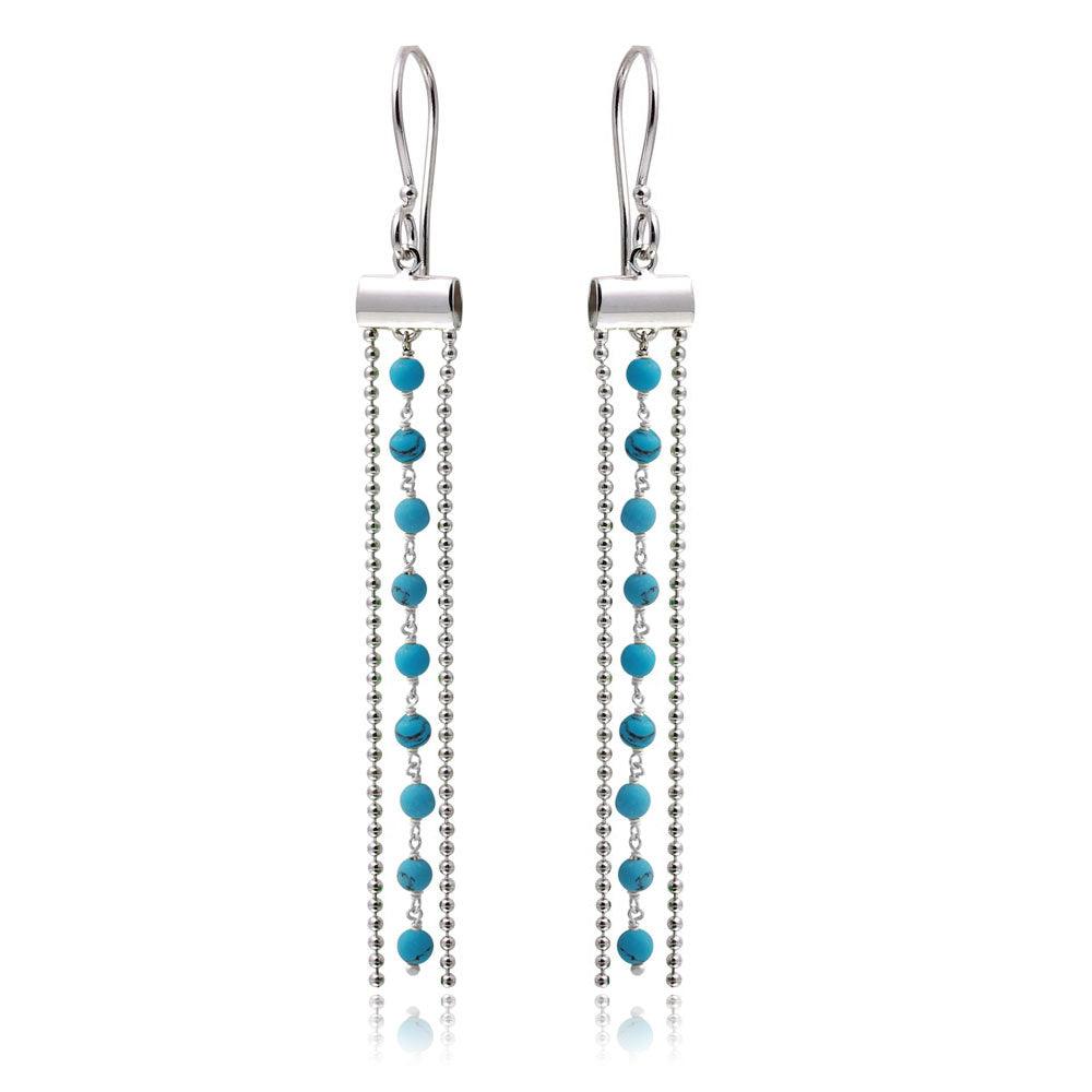 Rhodium Plated 925 Sterling Silver Dangling Tassel Earrings with Turquoise Beads - DIE00005RH-TQ