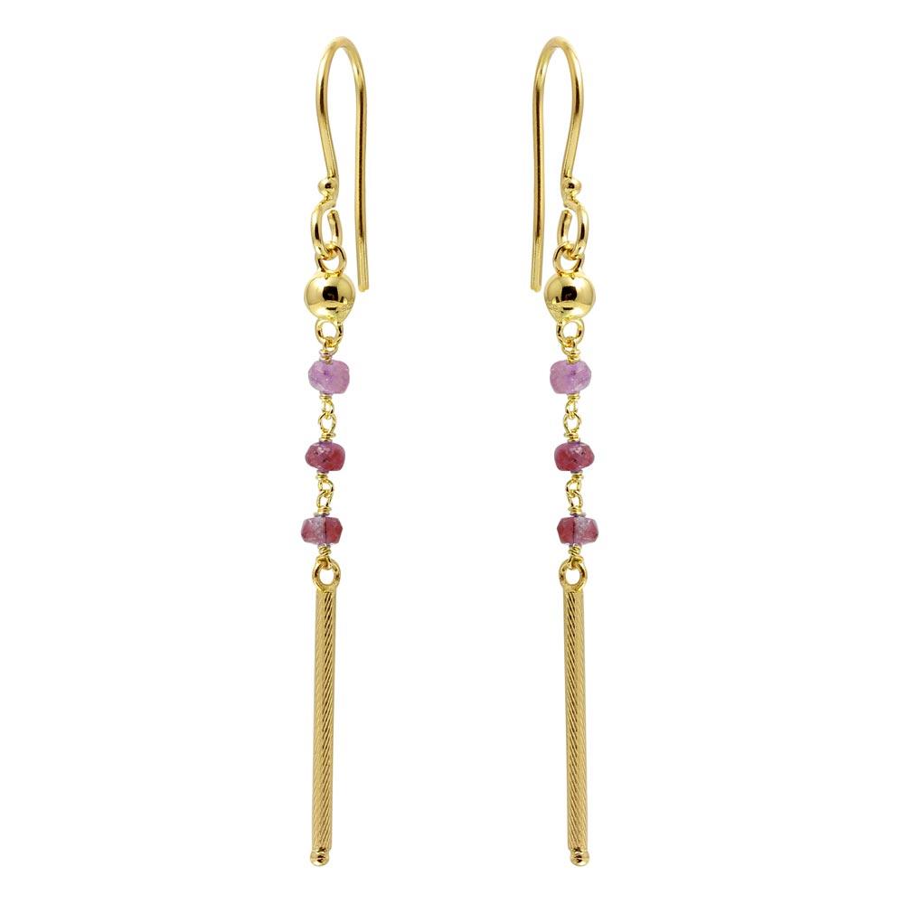 Gold Plated 925 Sterling Silver Dangling 3 Dark Red Bead with Matte Gold Bar Earrings - DIE00009GP-GR