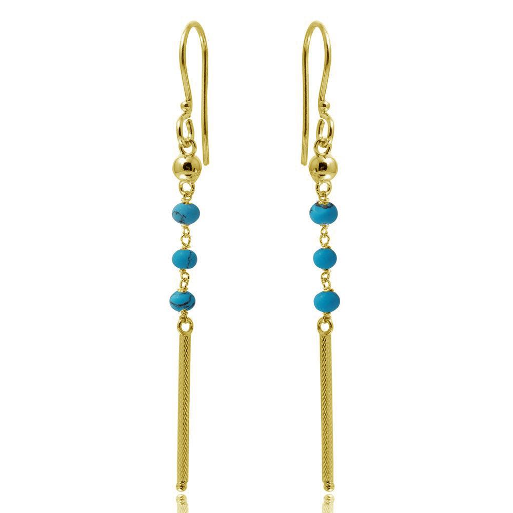 Gold Plated 925 Sterling Silver Dangling 3 Turquoise Bead with Matte Gold Bar Earrings - DIE00009GP-TQ