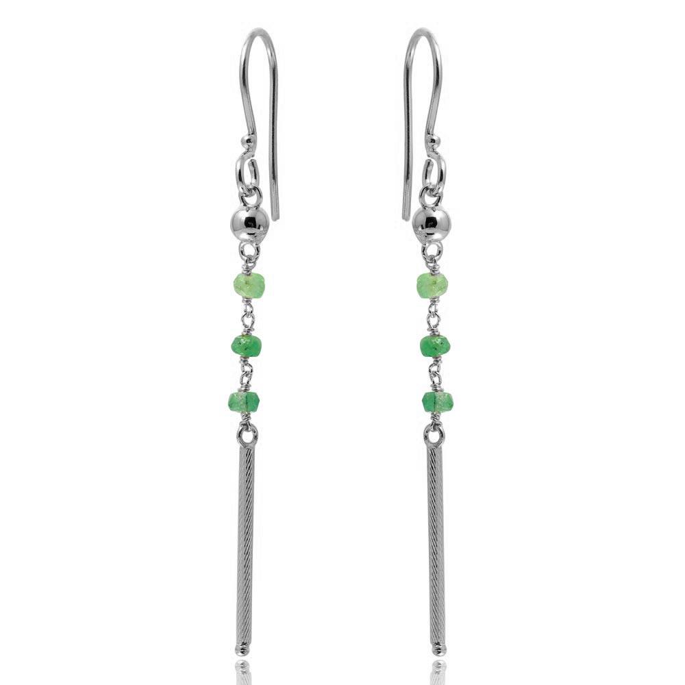 Rhodium Plated 925 Sterling Silver Dangling 3 Green Bead with Matte Rhodium Bar Earrings - DIE00009RH-EM