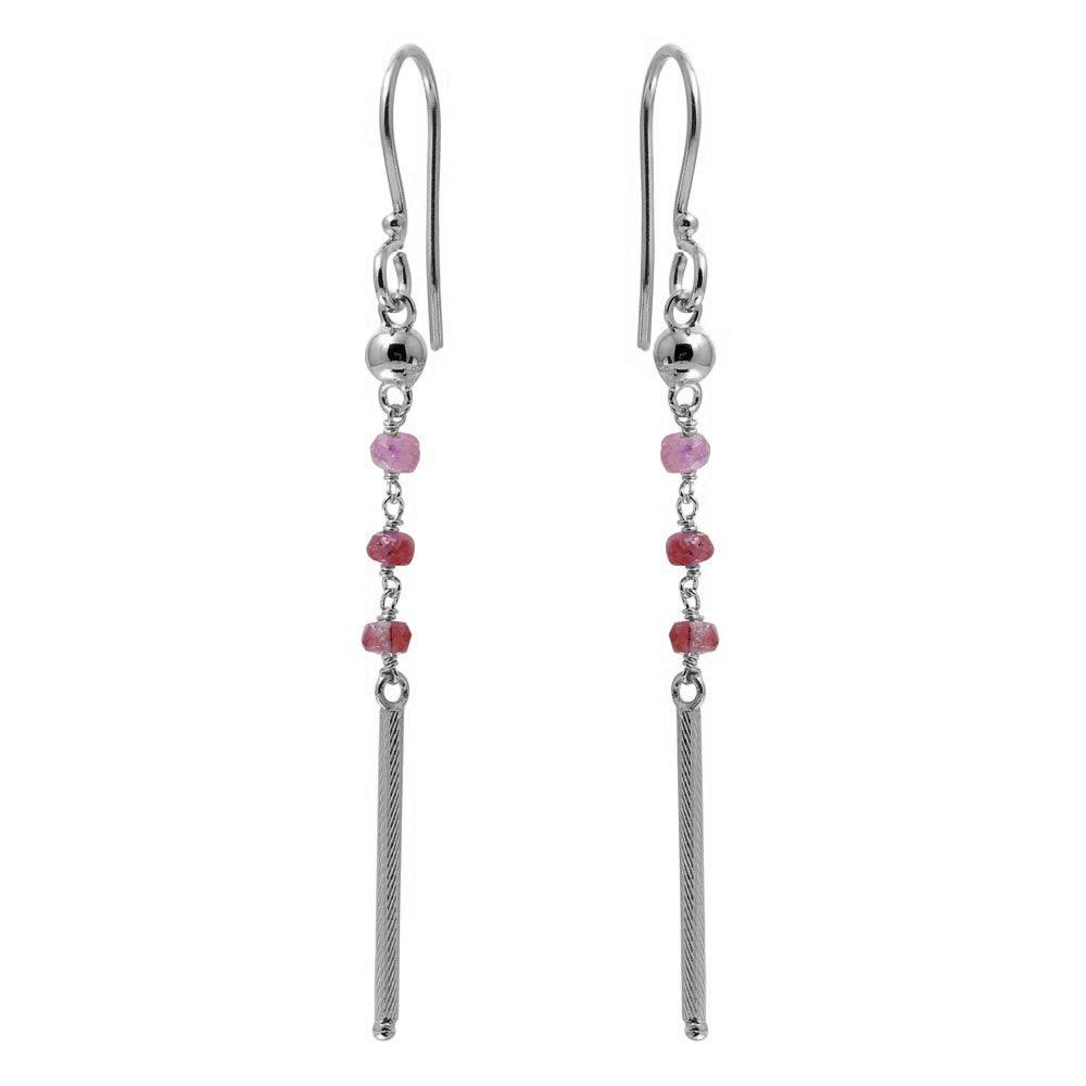 Rhodium Plated 925 Sterling Silver Dangling 3 Dark Red Bead with Matte Rhodium Bar Earrings - DIE00009RH-GR