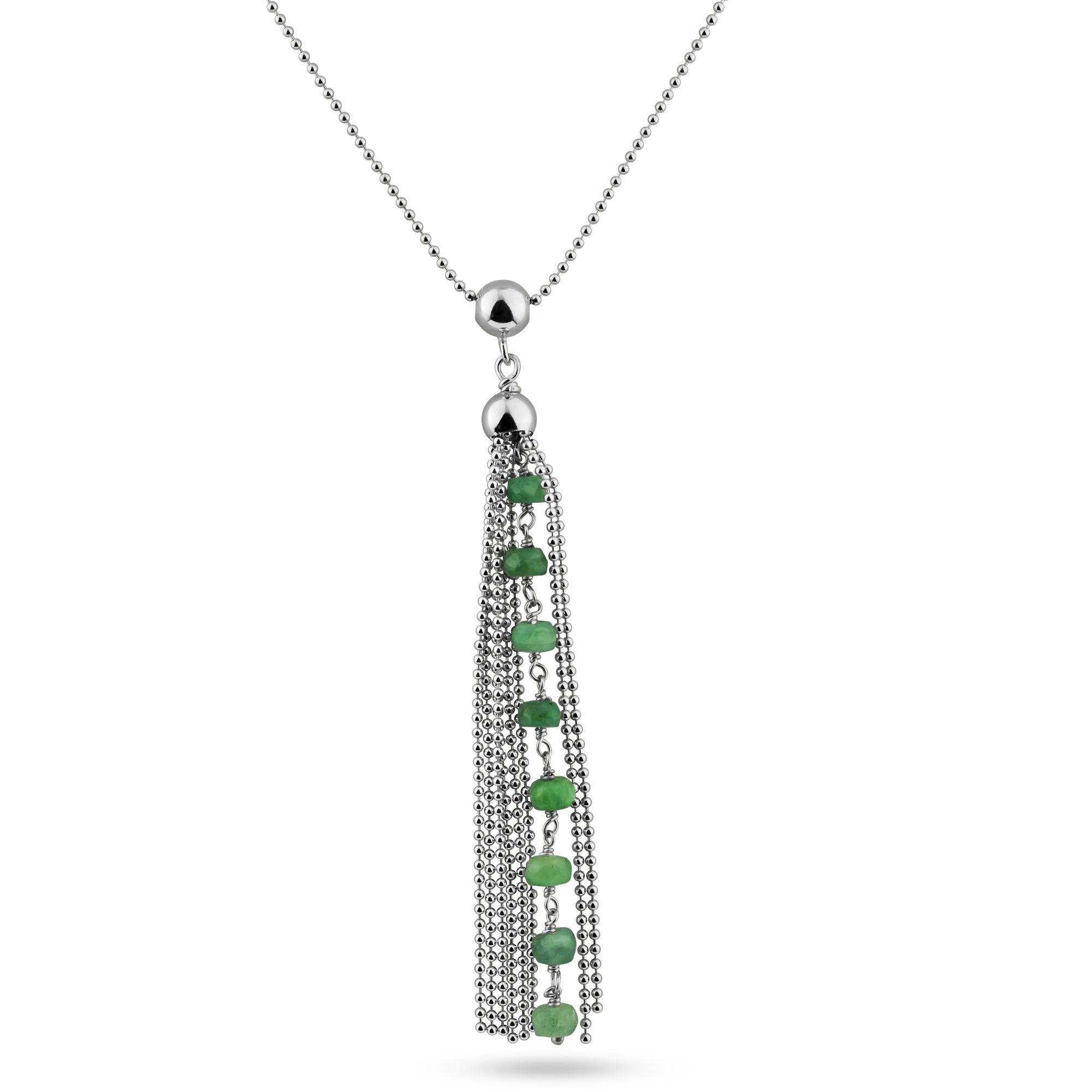 Rhodium Plated 925 Sterling Silver Bead Chain with Dropped Emerald Bead Necklace - DIN00068RH-EM