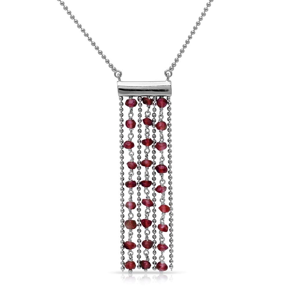 Rhodium Plated 925 Sterling Silver Bead Chain Necklace with Dropped Dark Red Beads - DIN00069RH-GR
